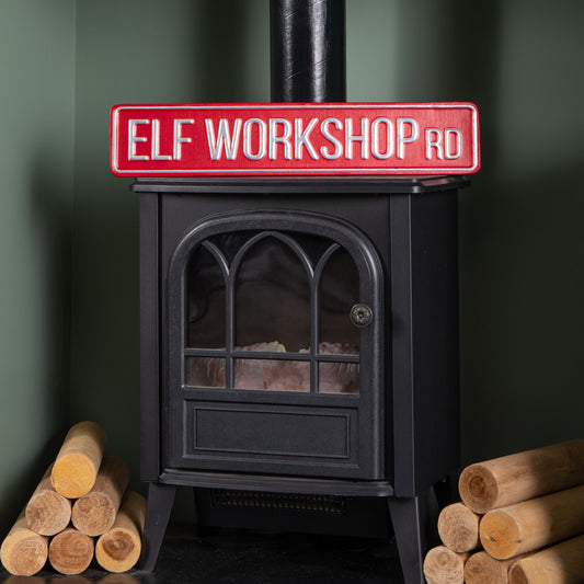 50cm Red Metal Christmas Elf Workshop Road Sign Hanging Decoration