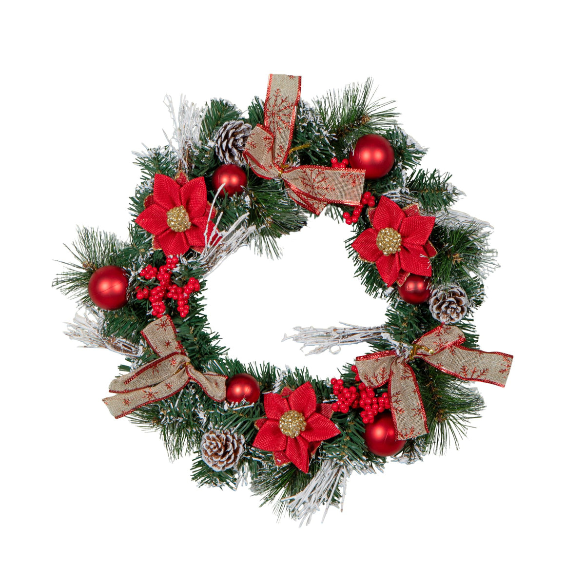 40cm Christmas Wreath with Snow Tipped Branches, Red Berries, Baubles and Bows