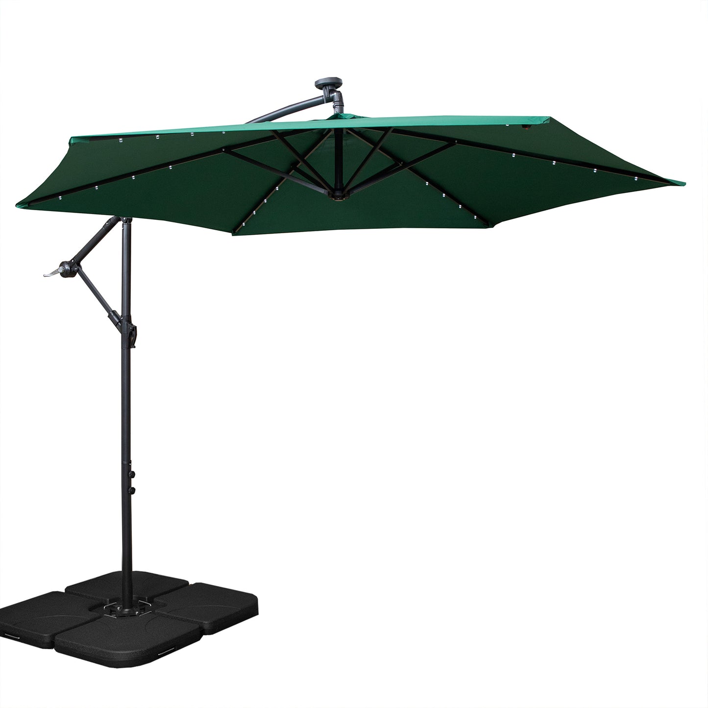 3m Solar Powered Lit Banana Cantilever Garden Parasol with LEDs & Base Weights Included in Green