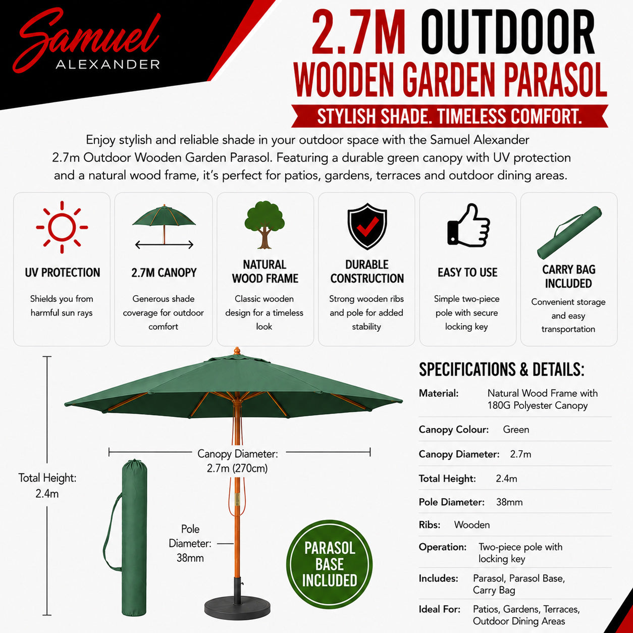 2.7m Outdoor Wooden Garden Parasol Sun Shade with Carry Bag in Green with 9kg Base Included