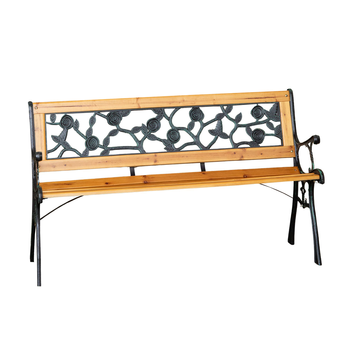2 Seater Outdoor Wooden & Cast Iron Garden Bench with Rose Design