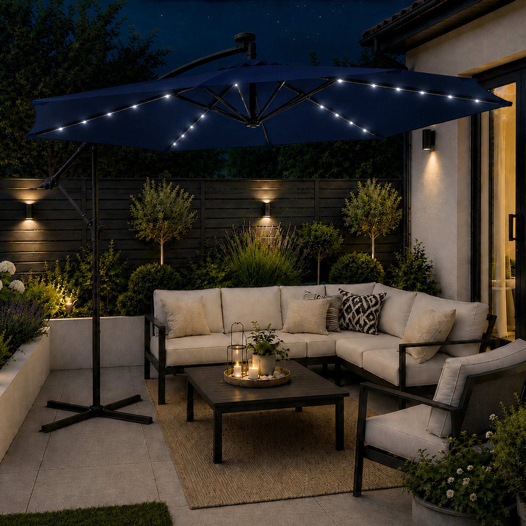 Samuel Alexander 3m Solar Powered Cantilever Lit Banana Garden Parasol with Crank Handle & White LED Lights in Blue