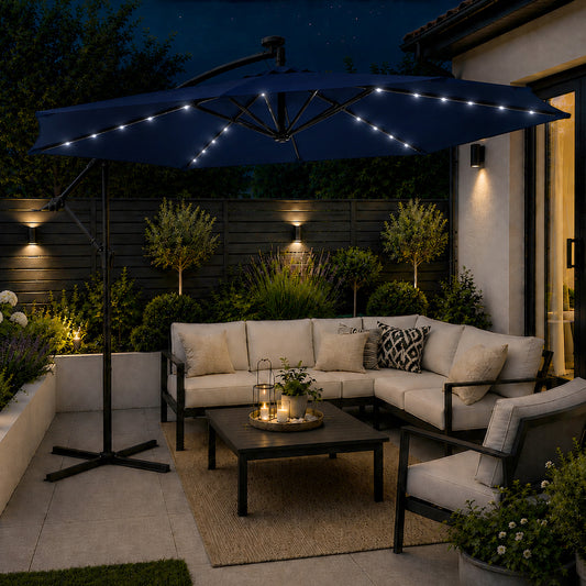 Samuel Alexander 3m Solar Powered Cantilever Lit Banana Garden Parasol with Crank Handle & White LED Lights in Blue