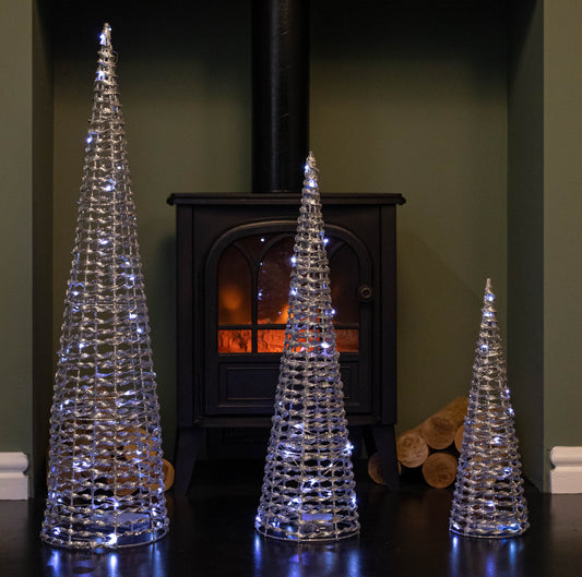 Set of 3 Silver Glitter Twist Christmas Cone Trees with 90 Cool White LEDs 