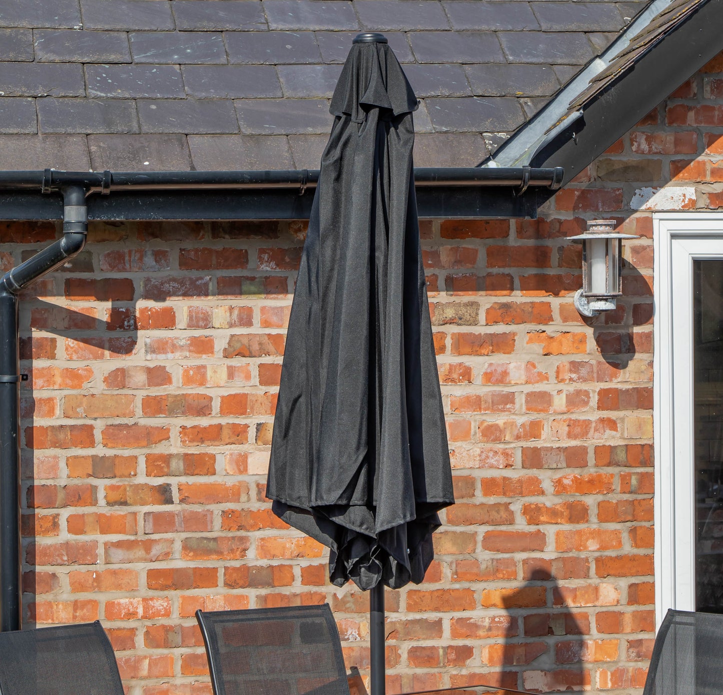 Outdoor 6 Person Rectangular Glass Top Garden Dining Table Chairs With Grey Parasol and Base Set