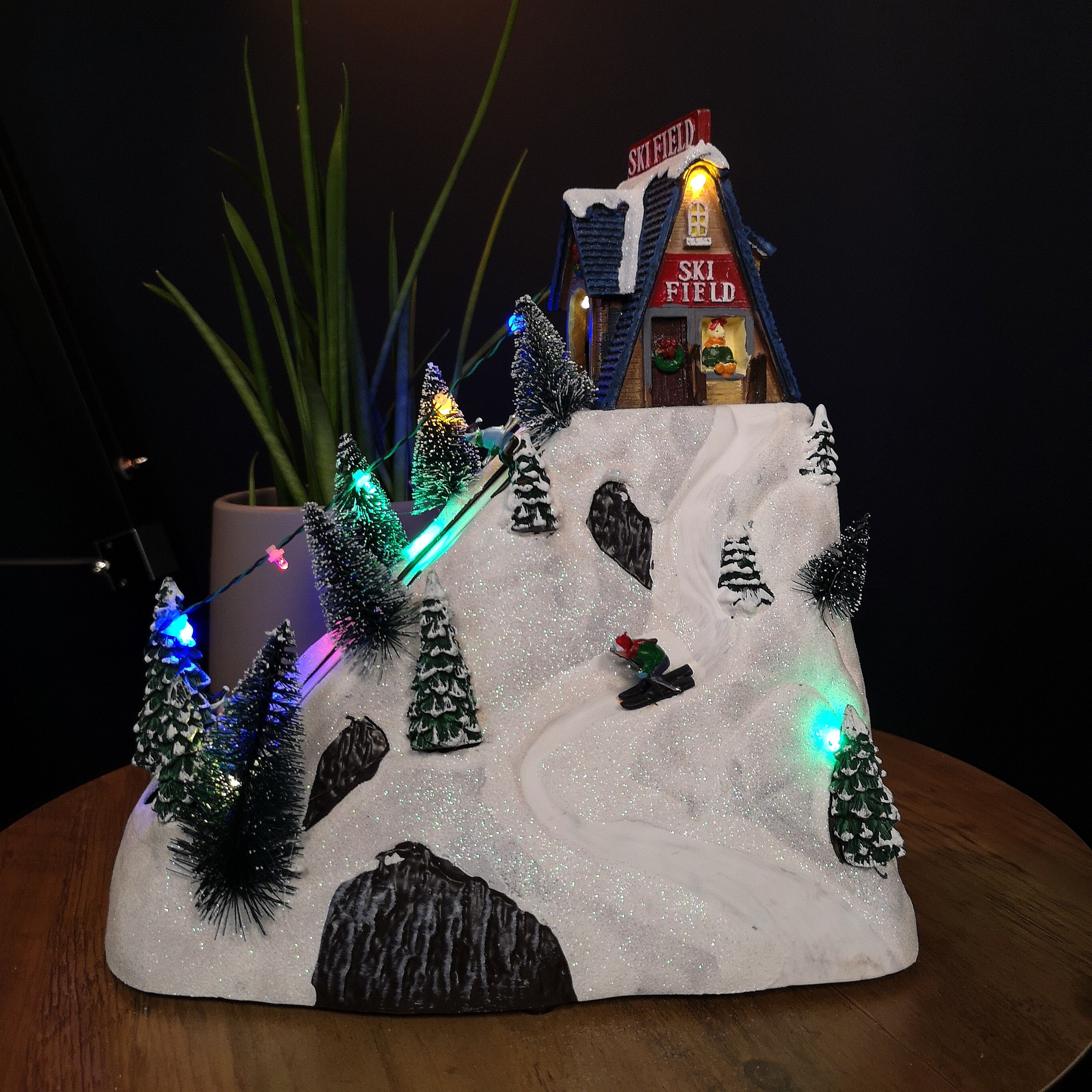 29cm Light up Animated Snowy Ski Field Christmas Mountain Village Scene with LEDs