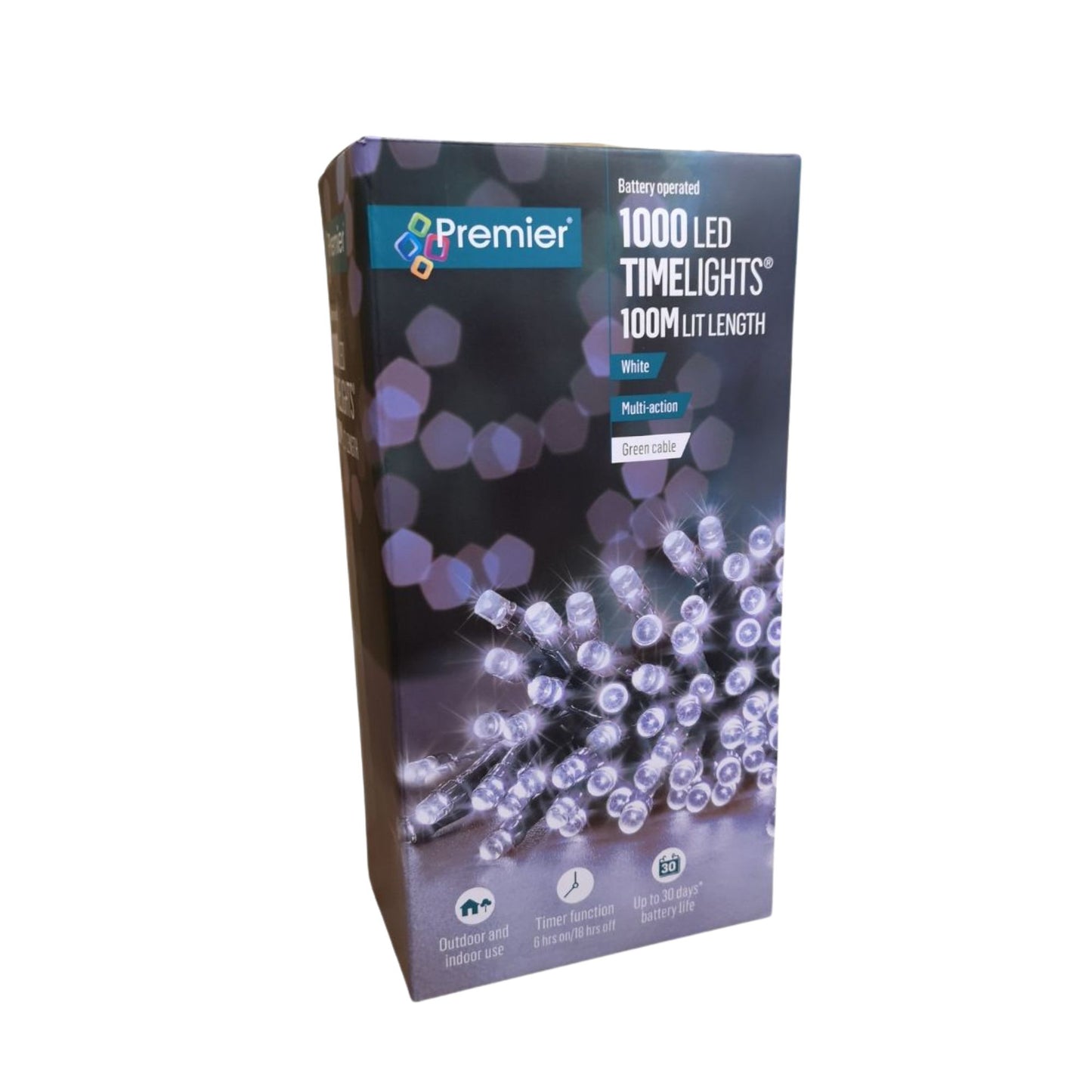 1000 LED 100m Premier Christmas Indoor Outdoor Multi Function Battery Operated String Lights with Timer in Cool White