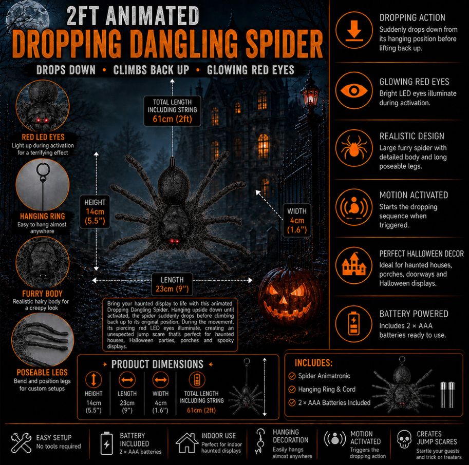 2ft Battery Operated Ash Dropping Dangling Halloween Spider Animatronic Decoration