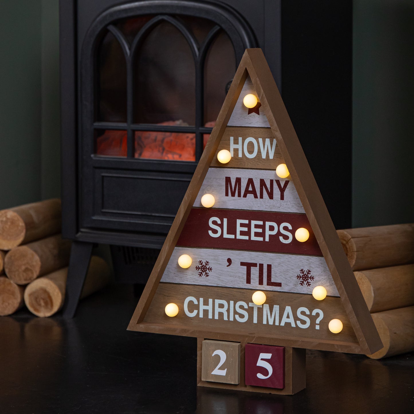 42cm Wooden Christmas Countdown Decoration with 10 Warm White LEDs