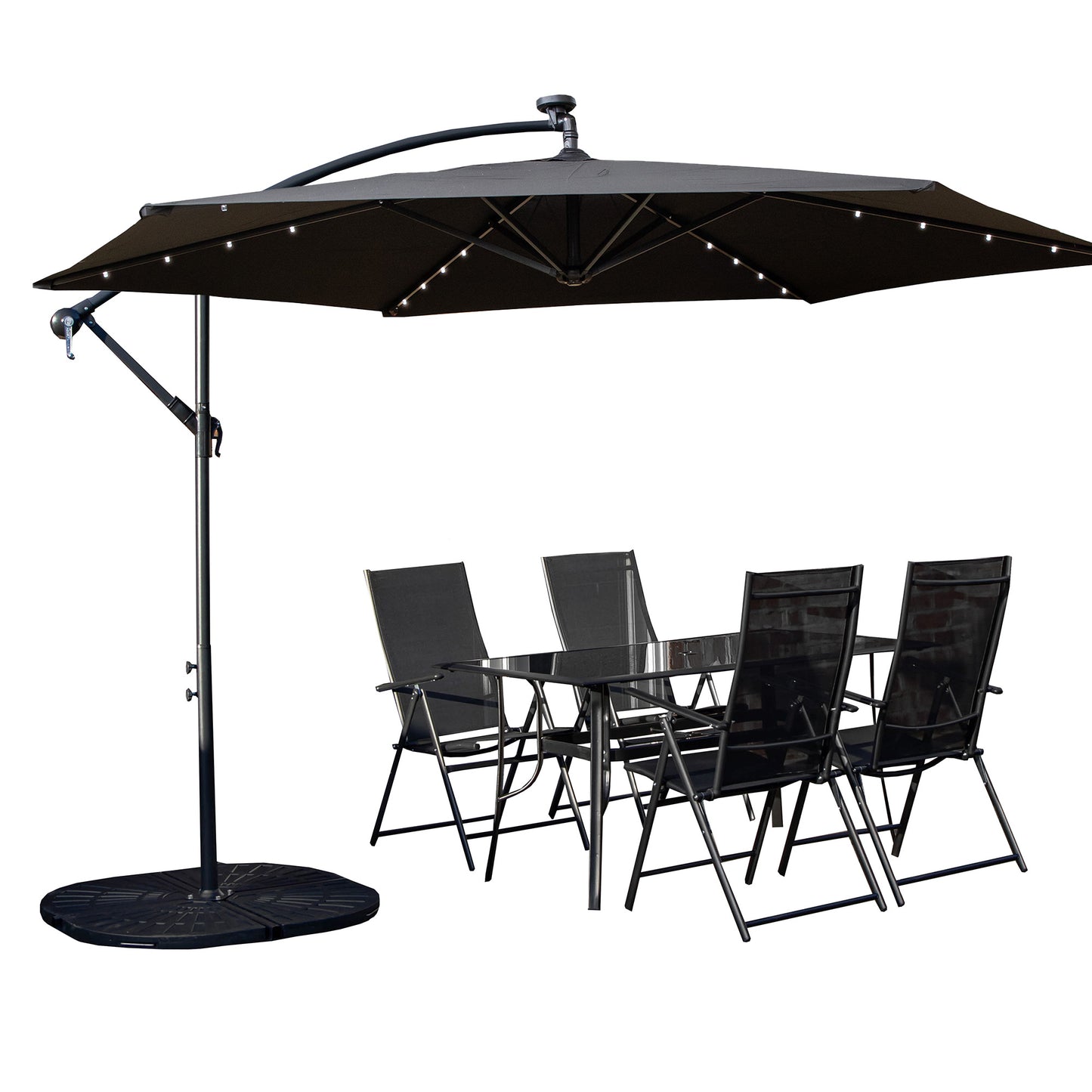 Outdoor 4 Person Rectangular Glass Top Garden Dining Table Chairs With Black Banana Lit Parasol and Base Set