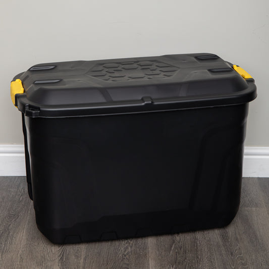 110L Heavy Duty Lockable, Stackable Storage Chest Trunk on Wheels with Clips in Black