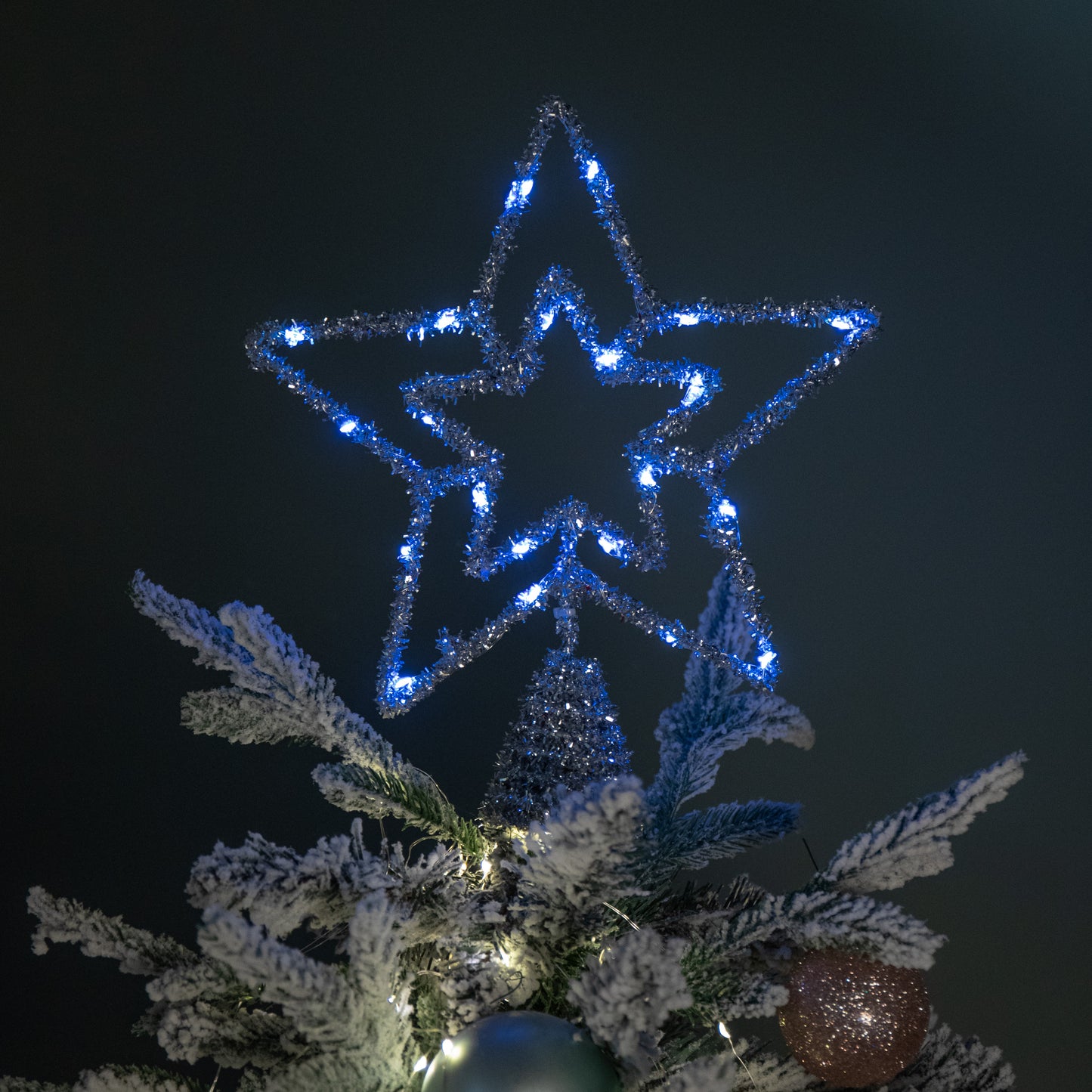 28cm Battery Powered Silver Christmas Star Tree Topper with Blue Multi-Action LEDs