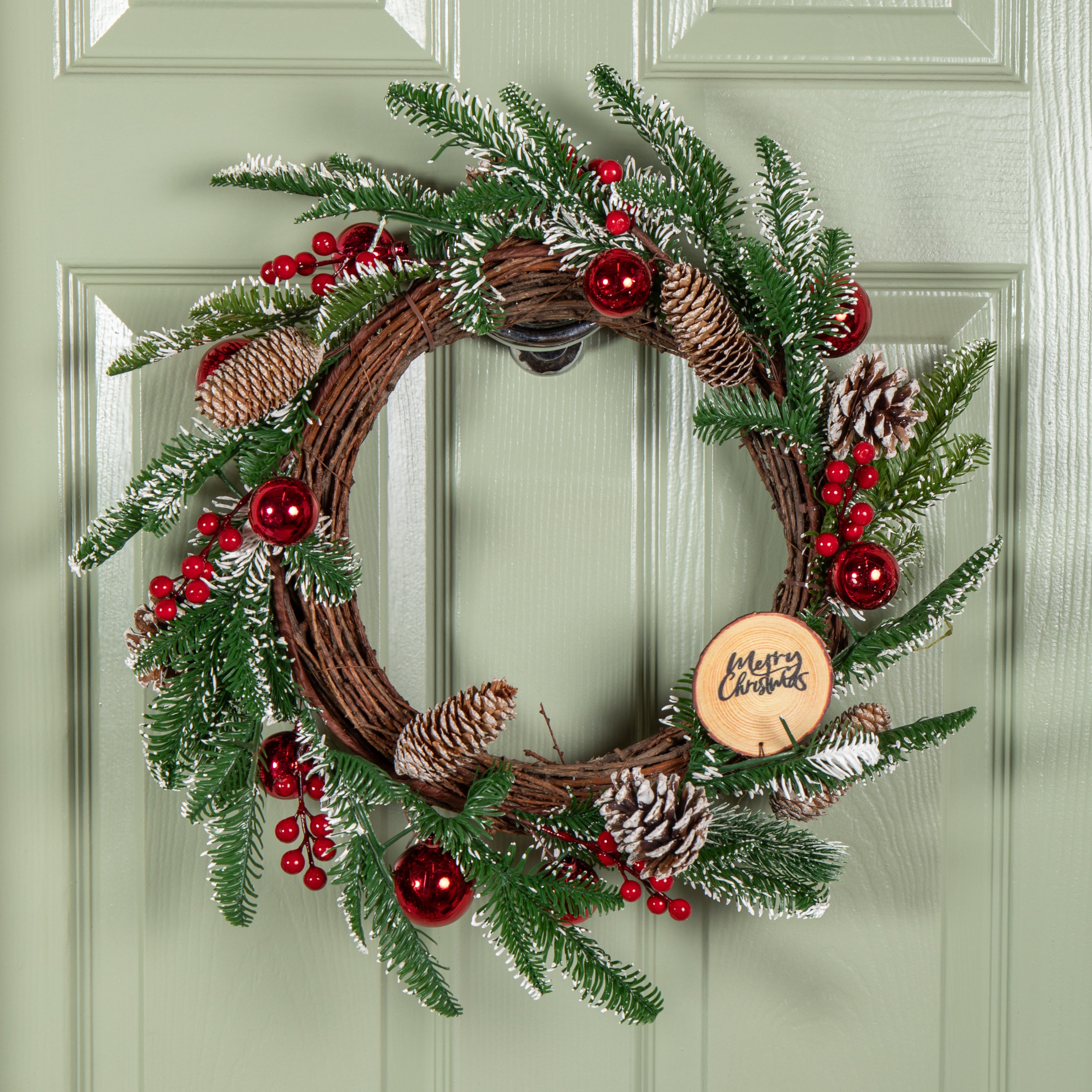 50cm Christmas Pinecone Wreath with Red Berries and Baubles