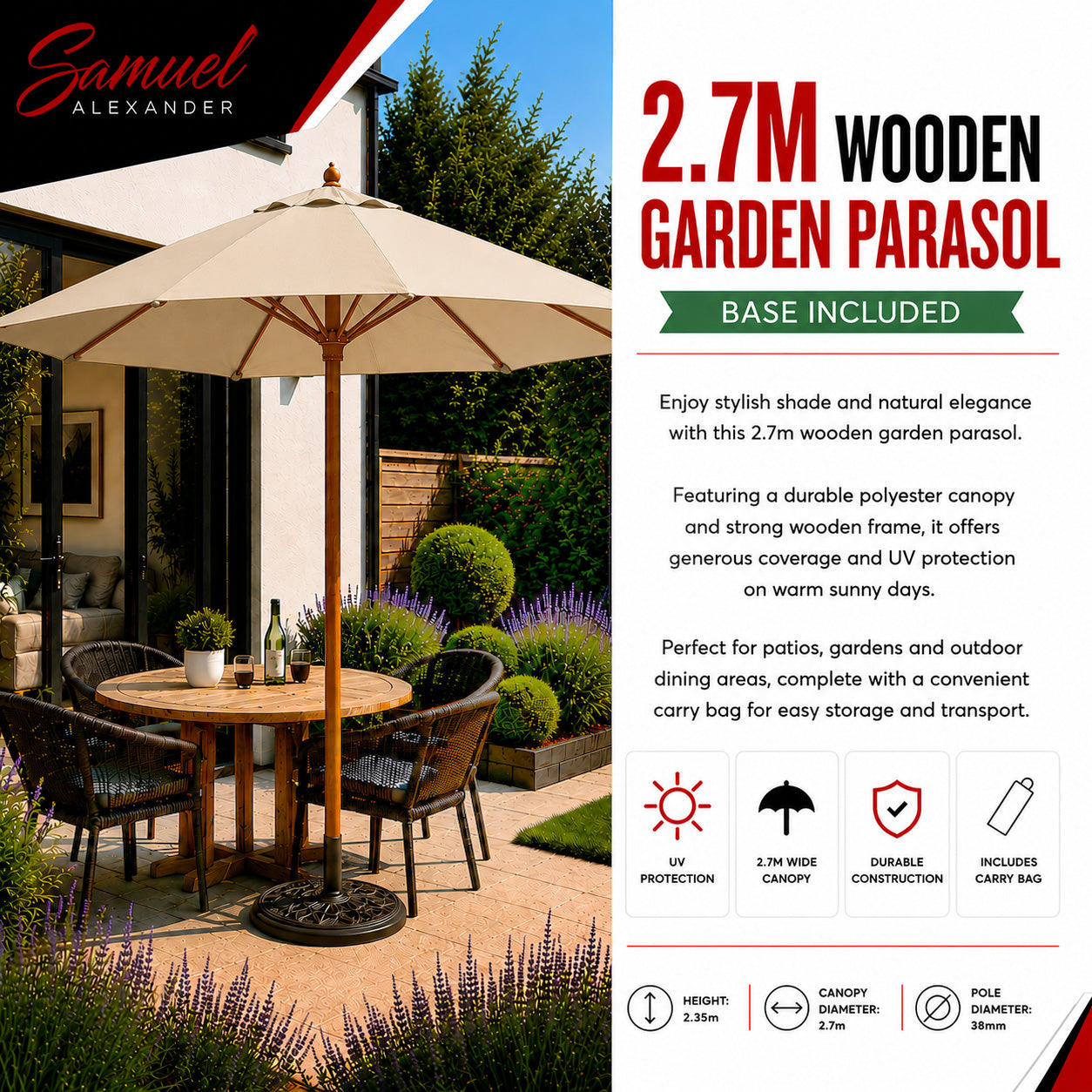 2.7m Outdoor Wooden Garden Parasol Sun Shade with Carry Bag in Cream with 9kg Base Included