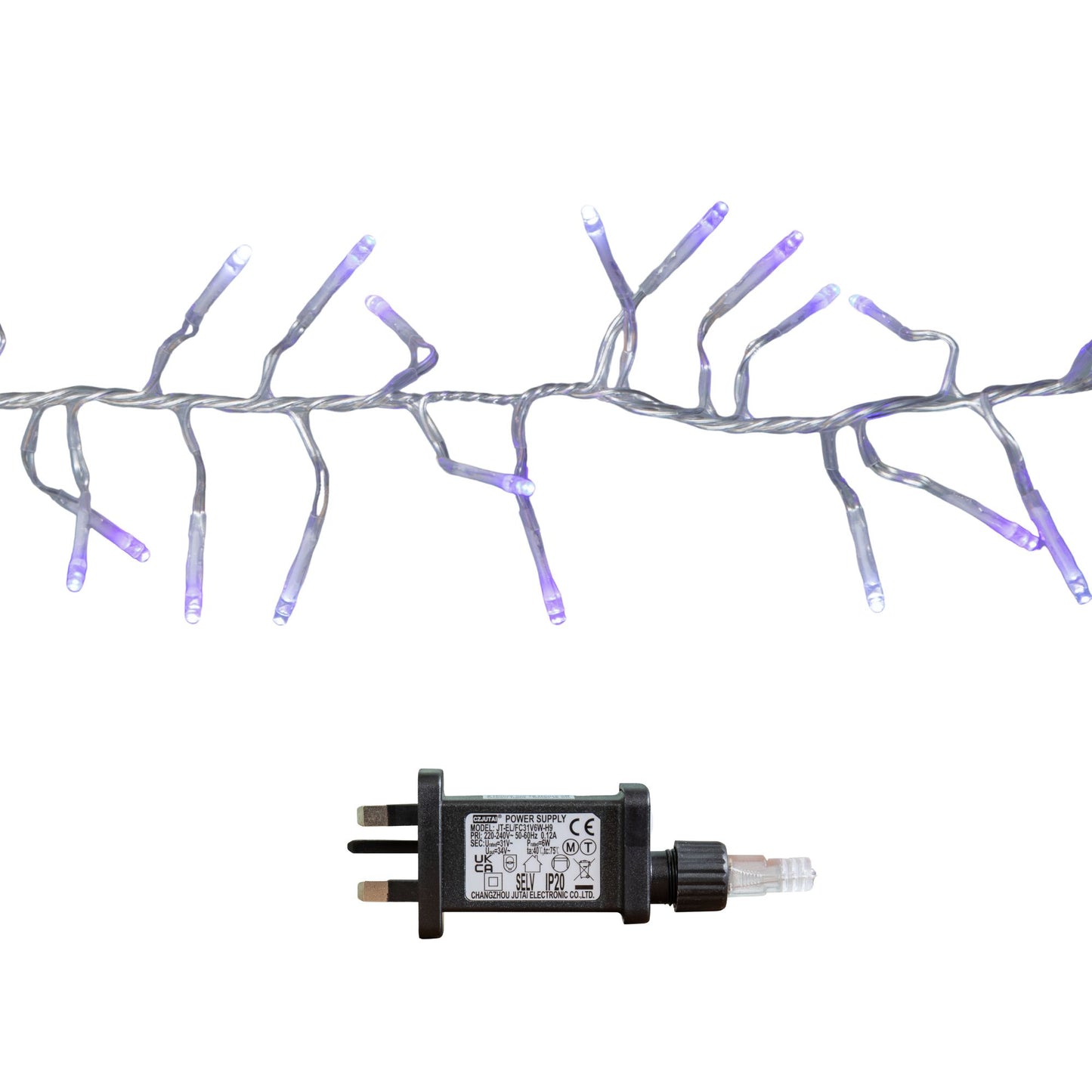 9.3m 720 LED Christmas Cluster String Lights with Timer in Blue, Purple & White on Clear Cable