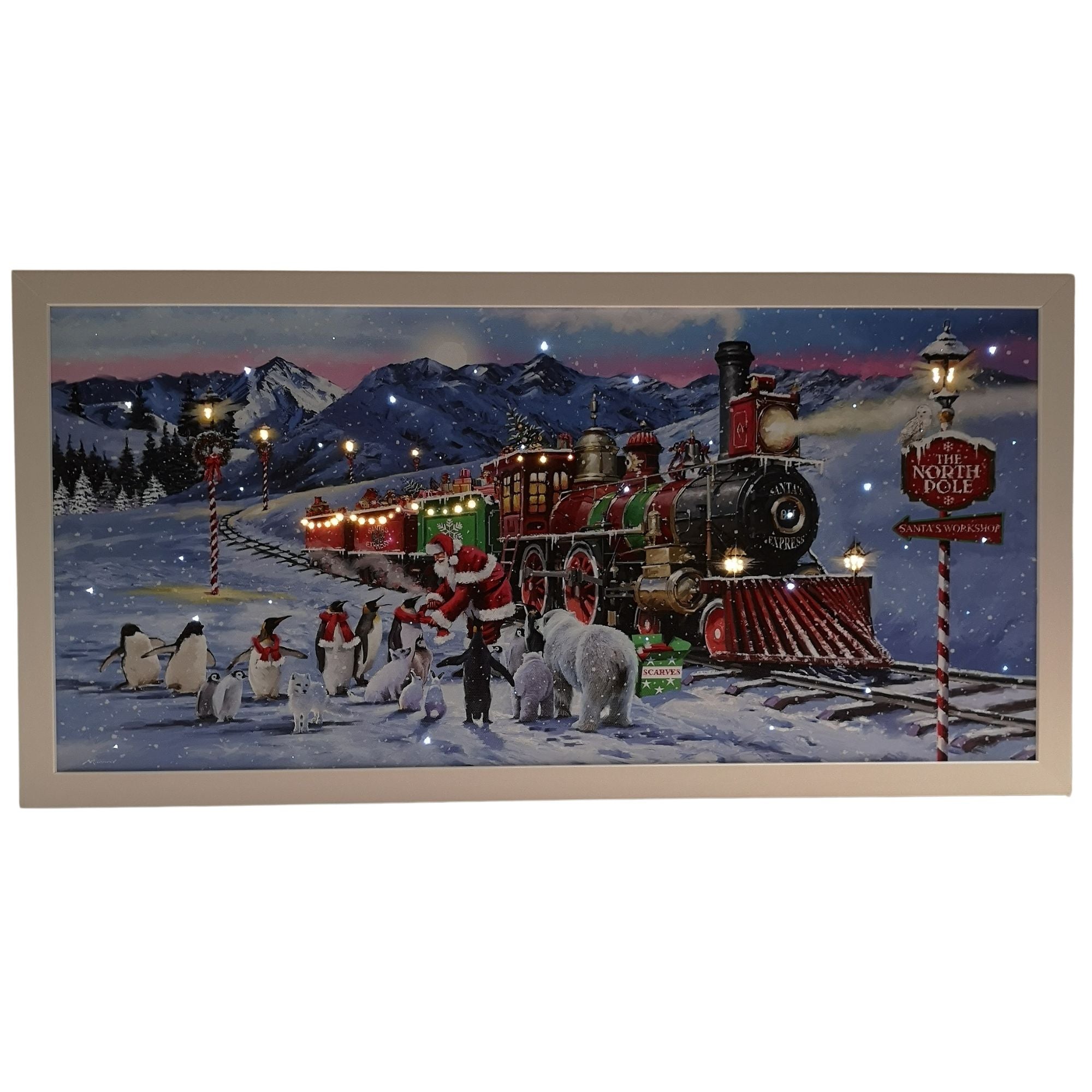 Battery Operated 60 x 30cm Light up North Pole Express Train with Santa Picture Canvas