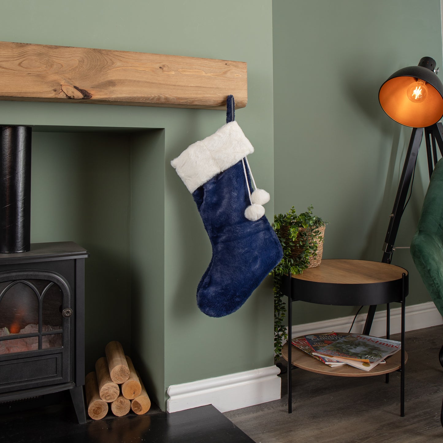 55cm Blue Soft Plush Hanging Christmas Stocking with Faux Fur Trim and Pom Poms
