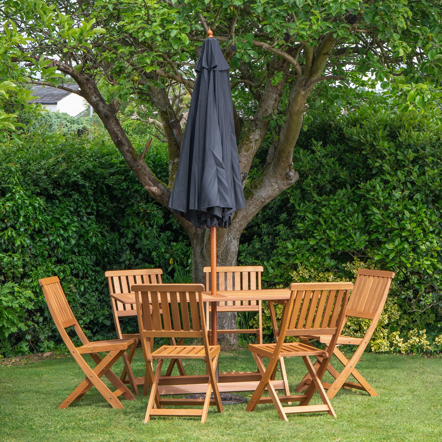 Outdoor 6 Person Folding Rectangular Wooden Garden Dining Table Chairs Parasol and Base set