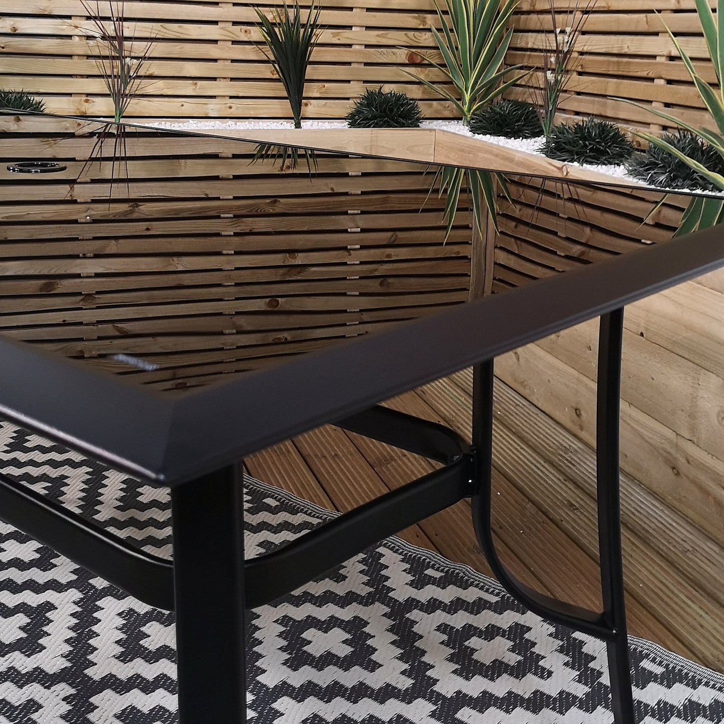 Outdoor 6 Person Rectangular Glass Top Garden Dining Table Chairs With Grey Havana Parasol and Base Set