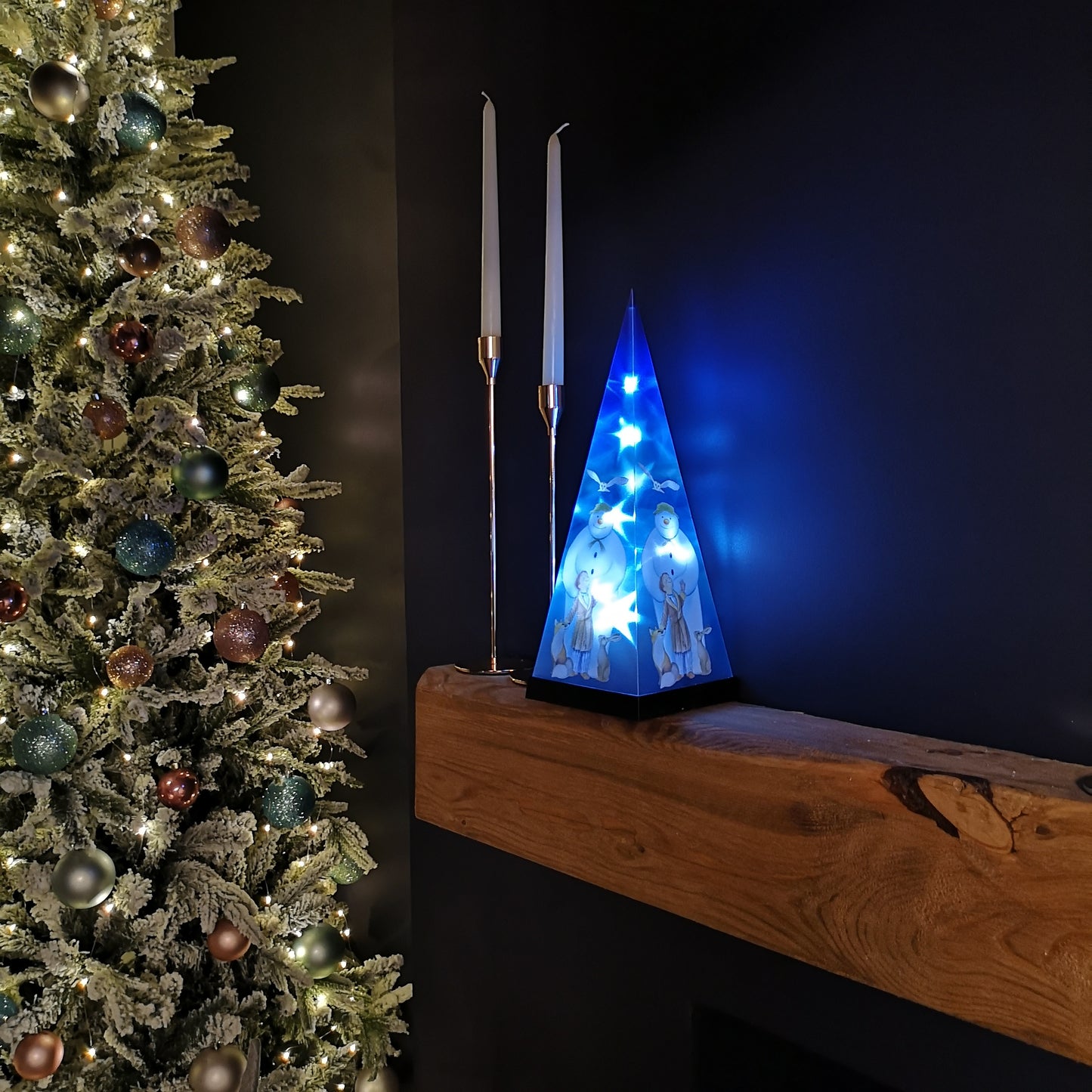 35cm Battery Operated Laser Pyramid Christmas Decoration - The Snowman and Friends