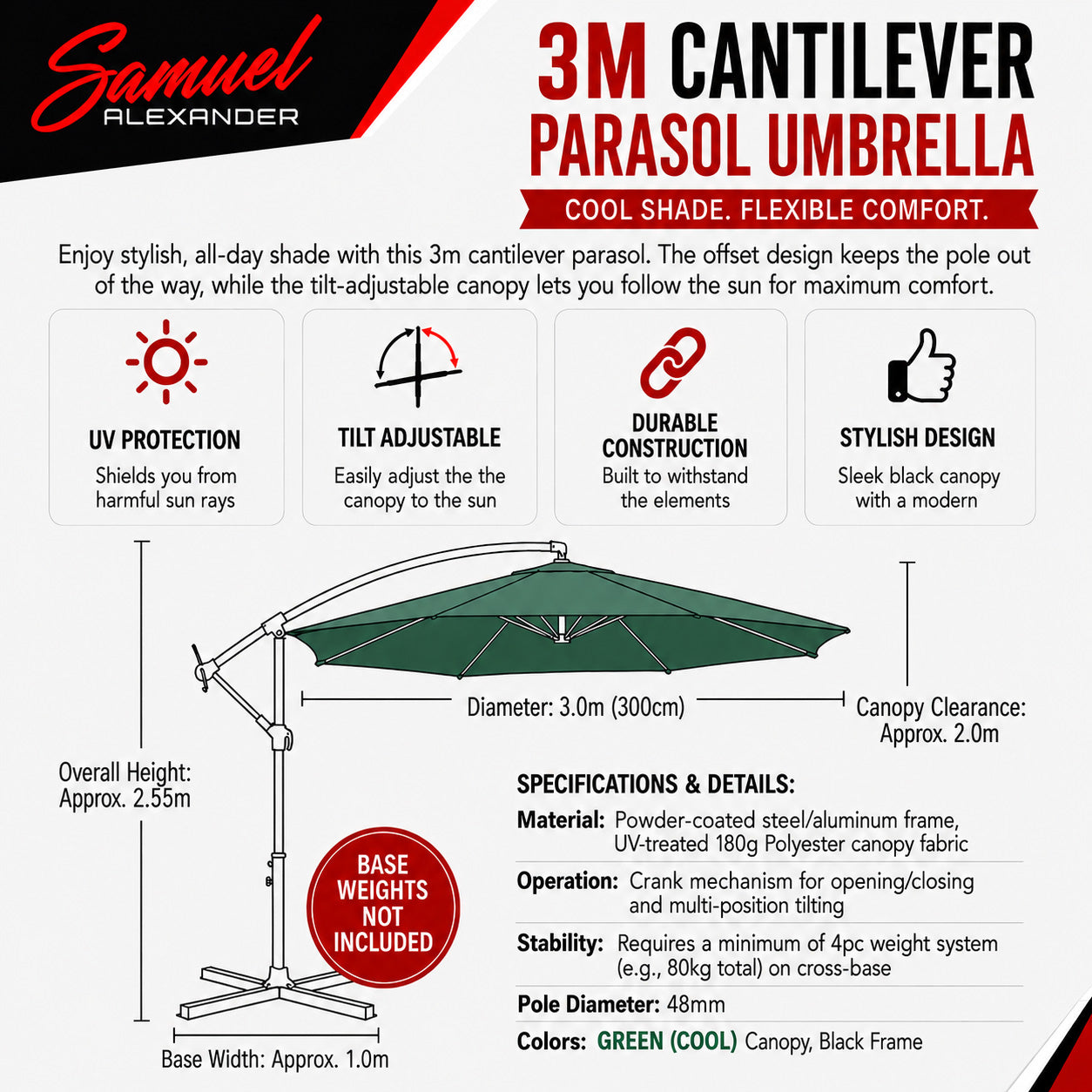 3m Hanging Banana Cantilever Garden Parasol with Cover in Green