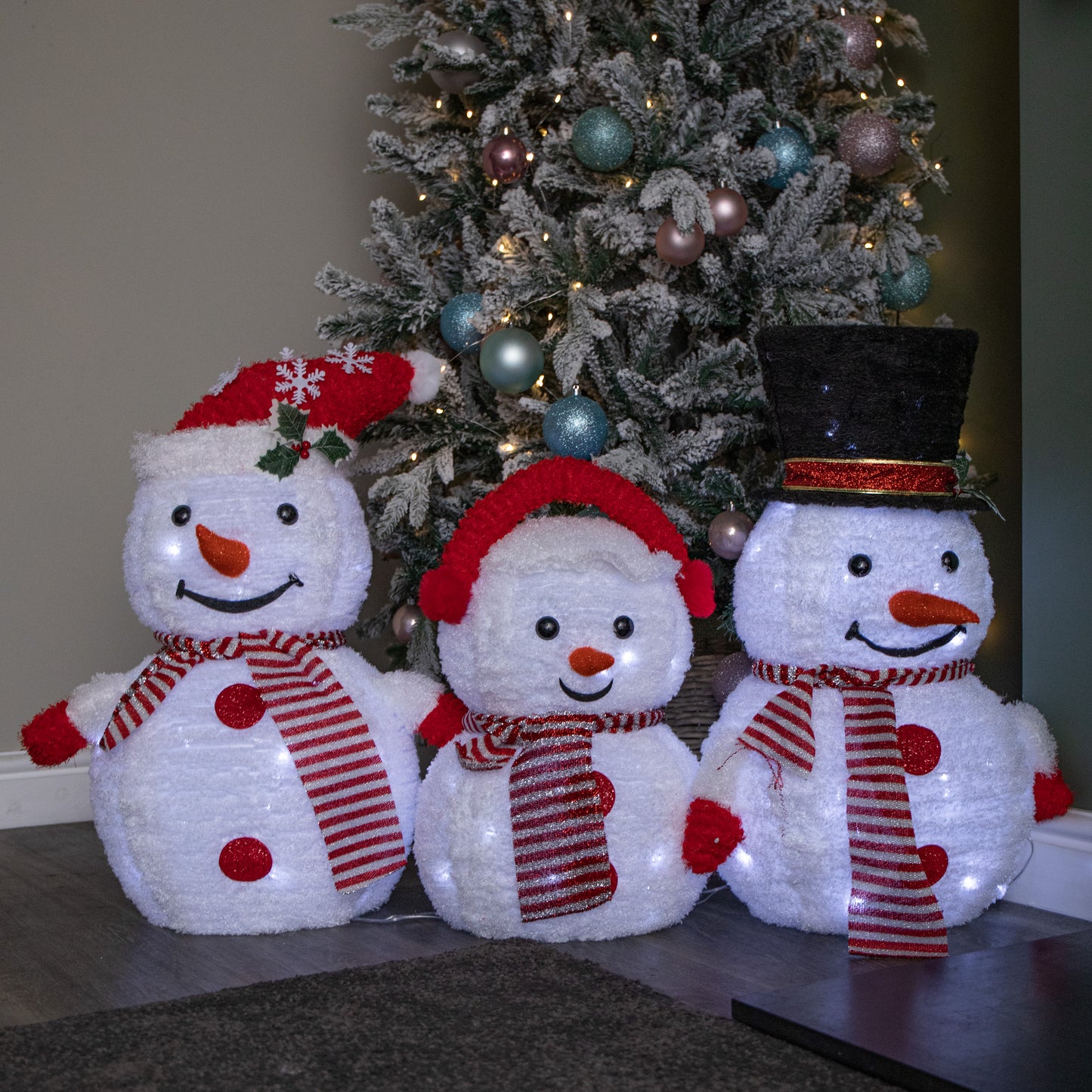 70cm Set of 3 Light up Foldable Cloth Christmas Snowmen with 130 White LEDs
