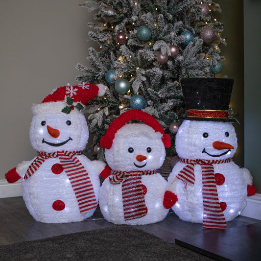70cm Set of 3 Light up Foldable Cloth Christmas Snowmen with 130 White LEDs