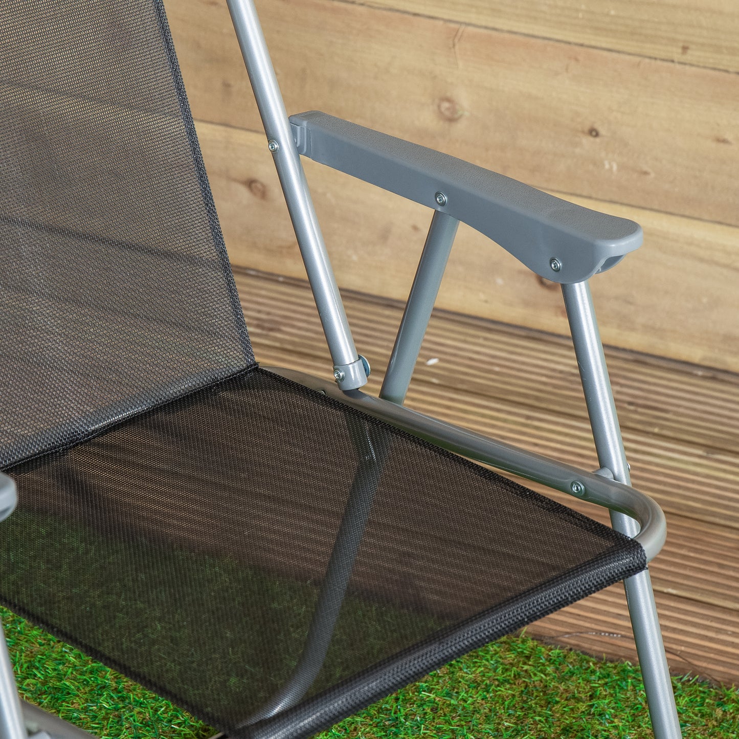 2 x Foldable Garden Chairs Fixed position garden chairs with grey frame and black fabric