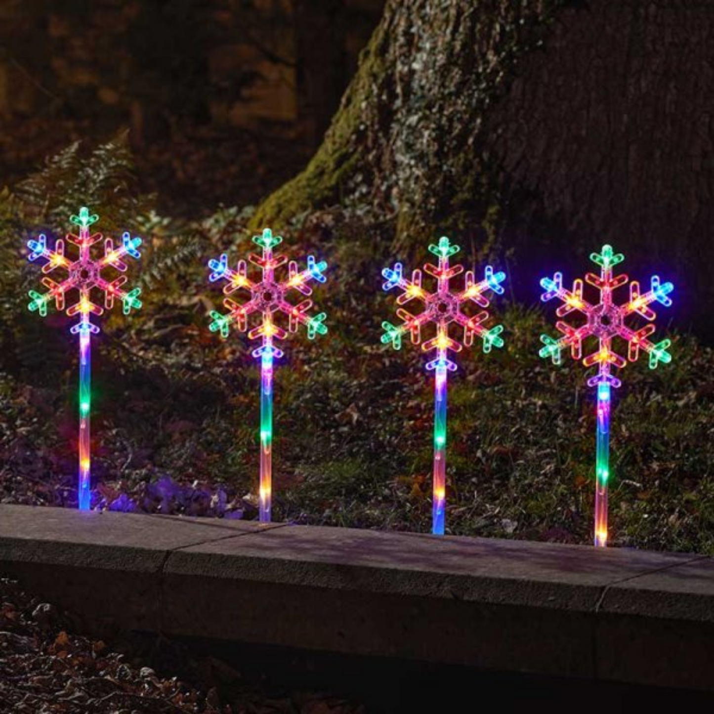 43cm Set of 4 Battery Powered Light up Christmas Snowflake Path Lights with Multi-Coloured LEDs