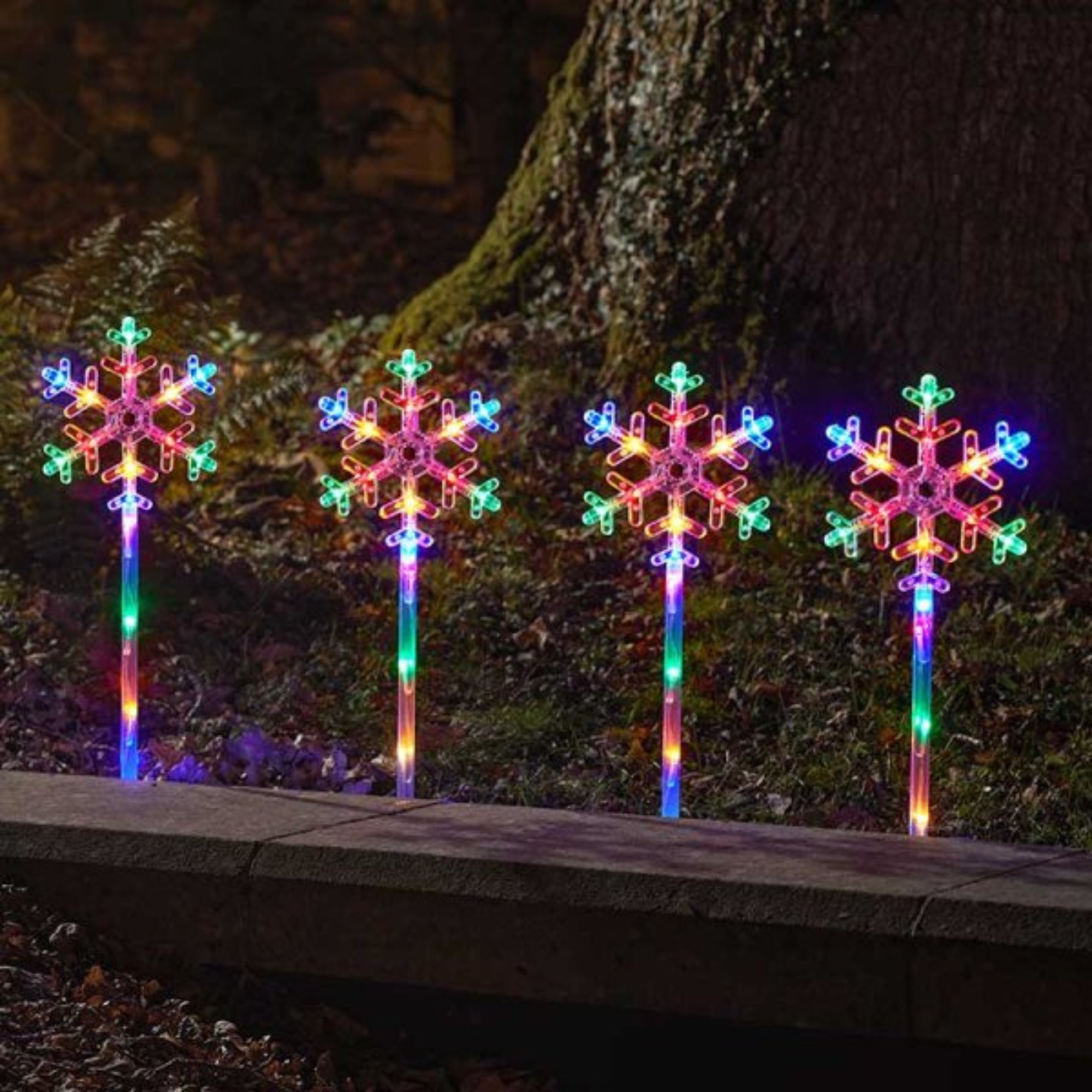 43cm Set of 4 Battery Powered Light up Christmas Snowflake Path Lights with Multi-Coloured LEDs