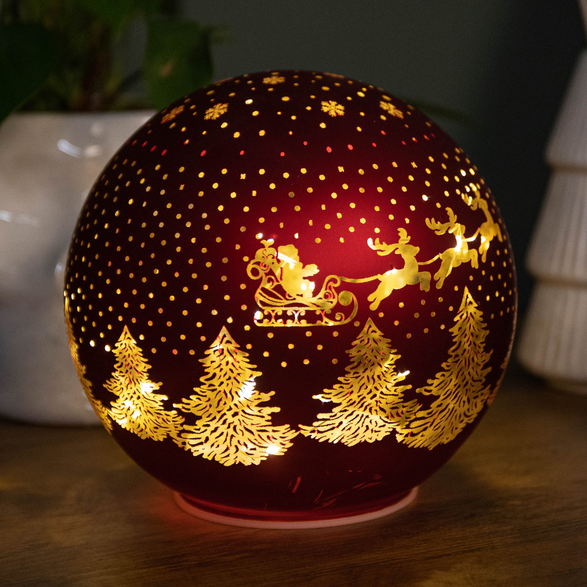 15cm Battery Operated Light up Santa Glass Ball in Red with Warm White LEDs