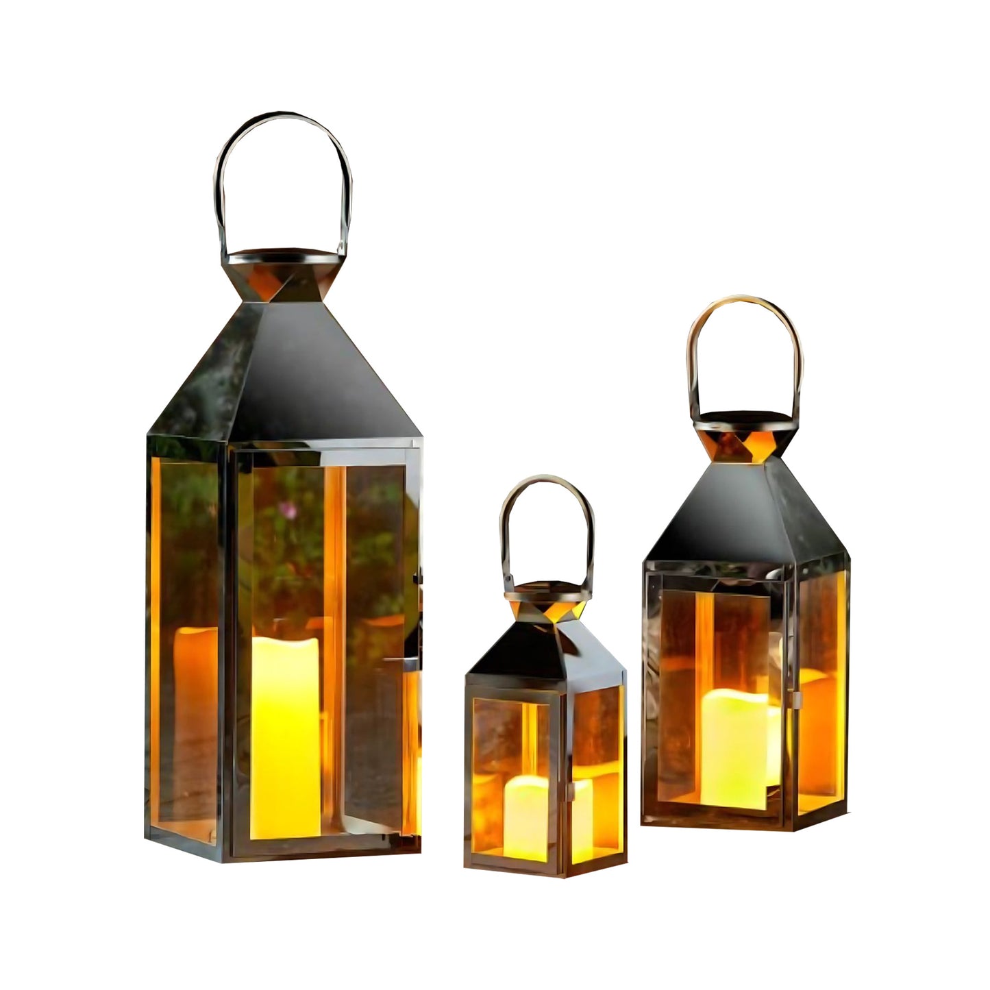 Set of 3 Large Indoor Outdoor Stockholm Stainless Steel Lantern Trio 