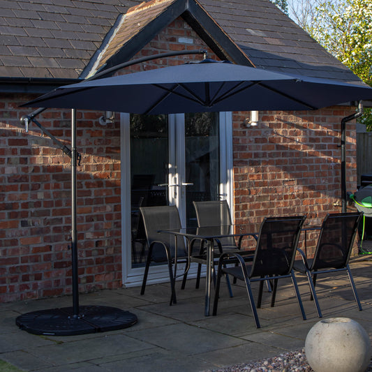Outdoor 4 Person Rectangular Glass Top Garden Dining Table Chairs With Blue Banana Parasol and Base