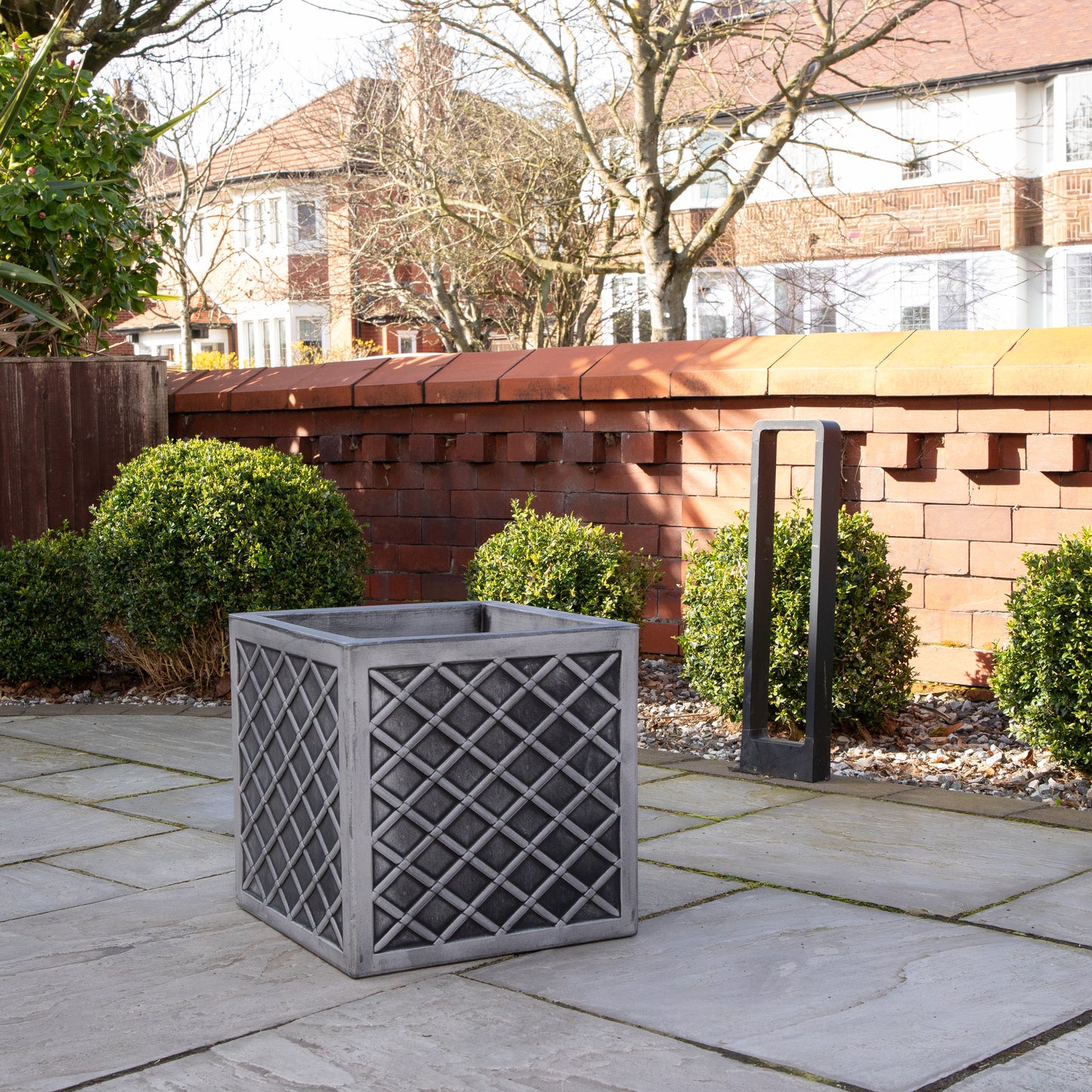 39cm Large Square Plastic Pewter Effect Grey Garden Patio Planter