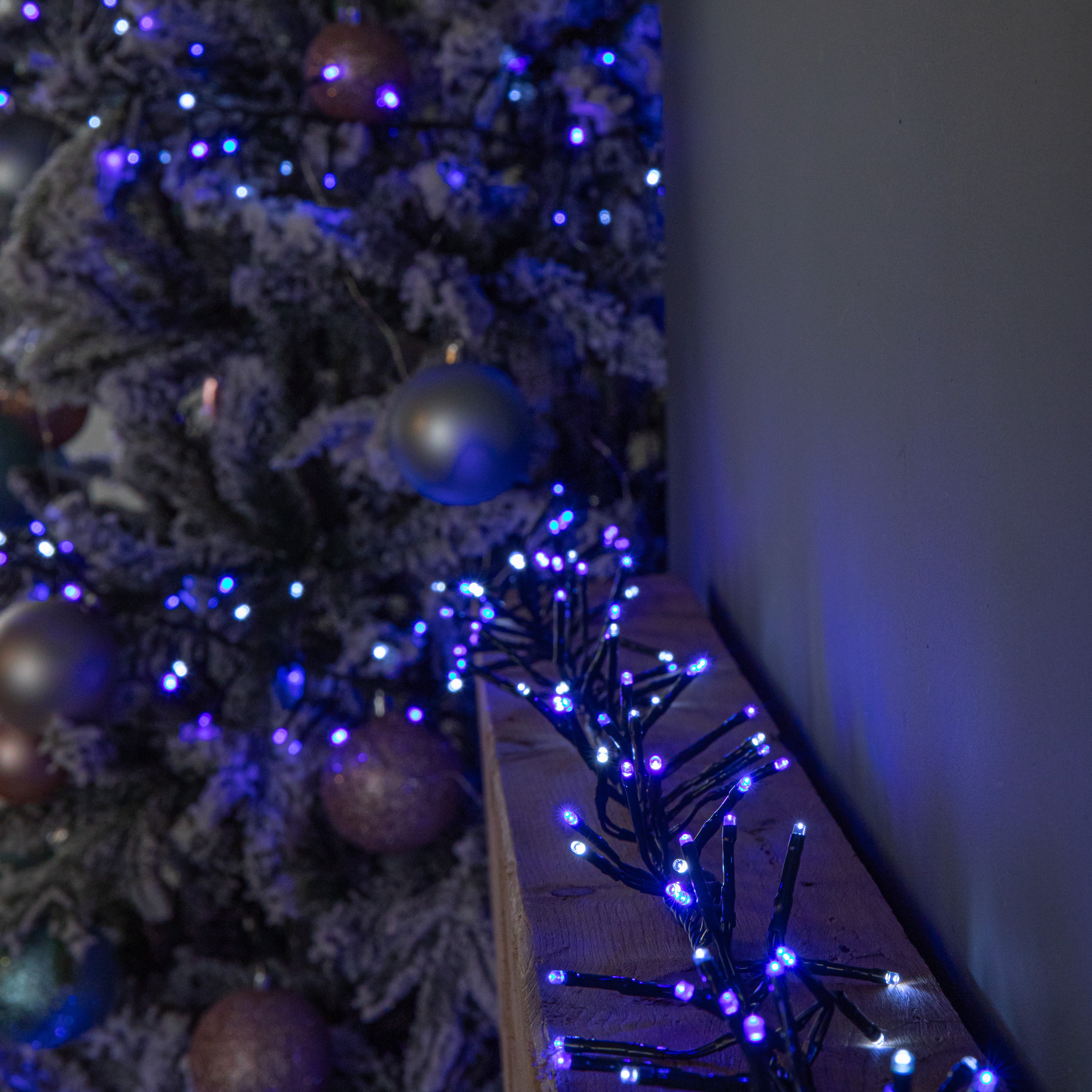 6.2m 480 LED Christmas Cluster Multi-Action String Lights with Timer in Blue, Purple & White