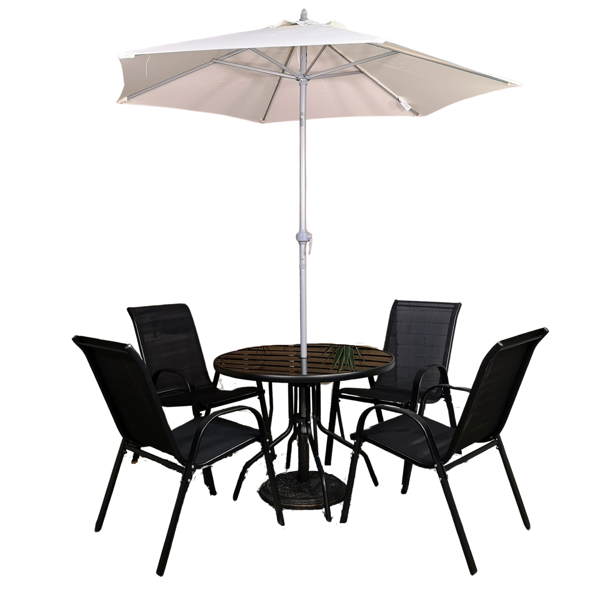 Outdoor 4 Person Round Glass Top Garden Patio Dining Table Chairs With Cream Parasol and Base Set