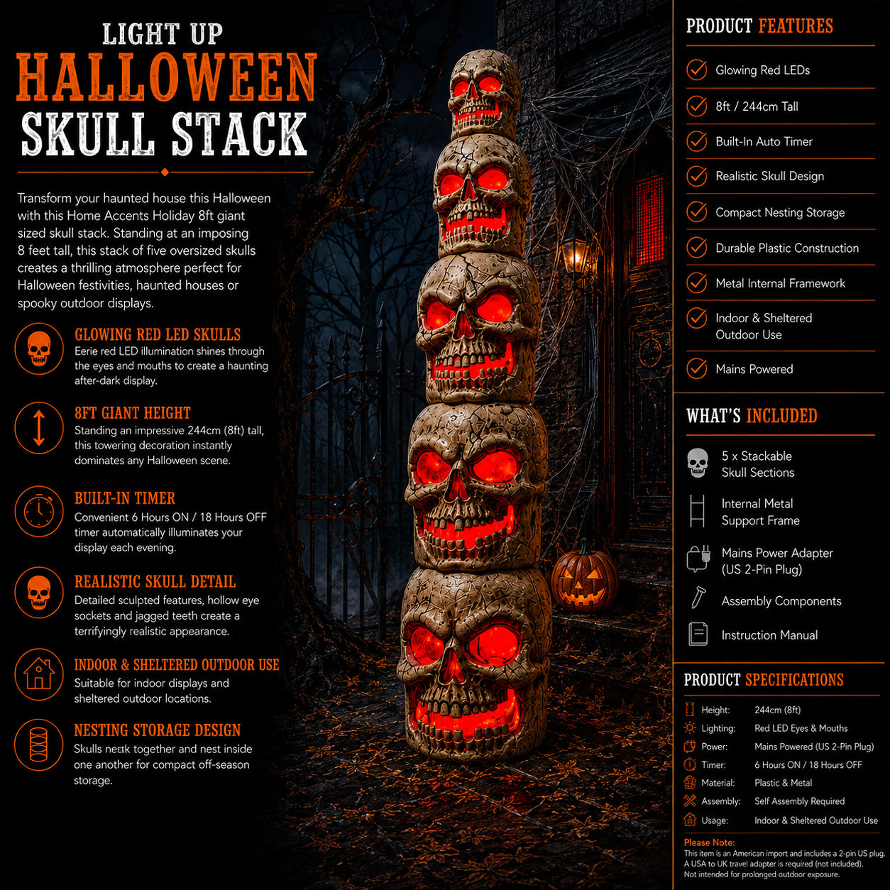 Home Accents Holiday 8ft Giant-Sized Halloween Skull Stack with Red LEDs