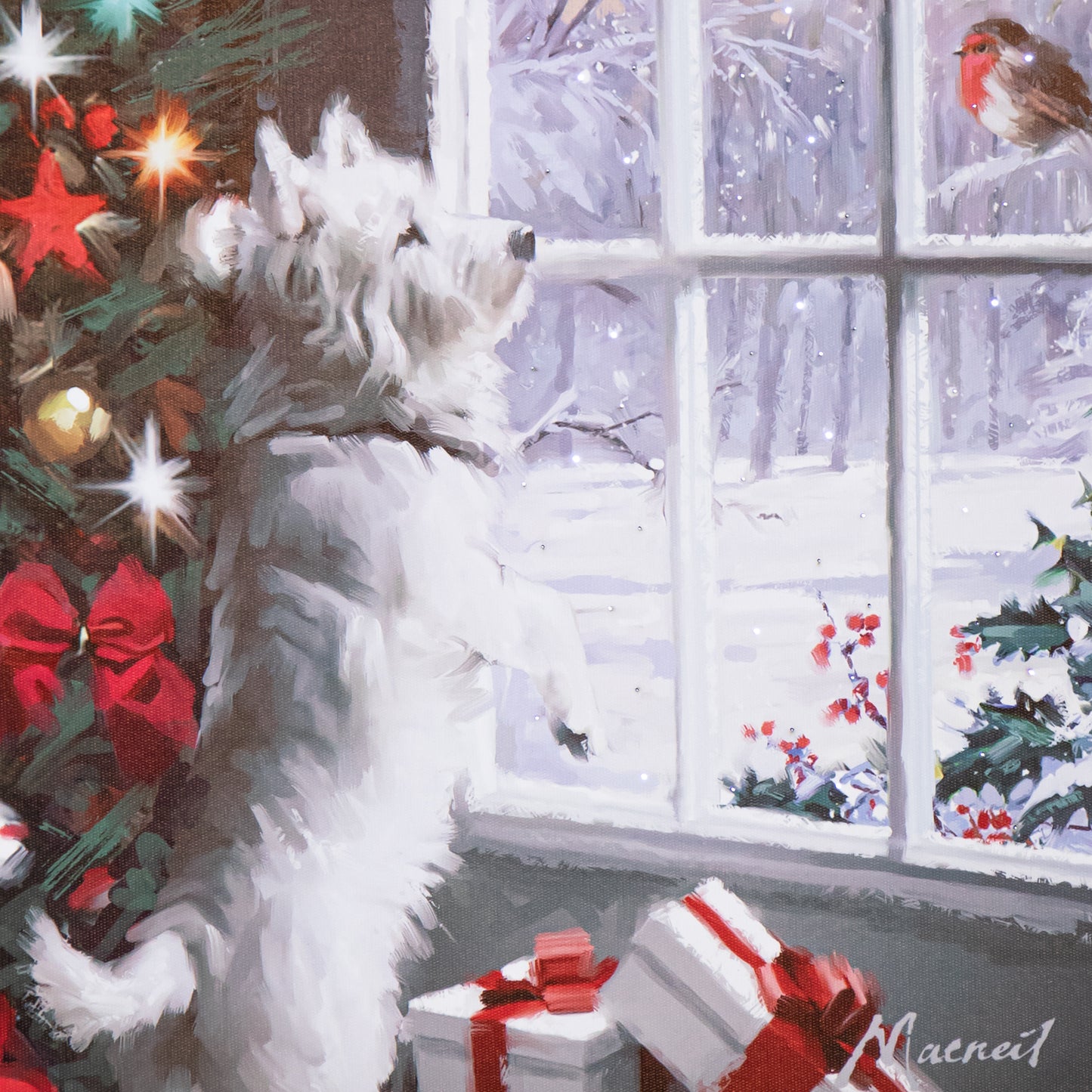 40cm x 30cm Battery Operated Light up Fibre Optic Christmas Dog & Robin Wall Art