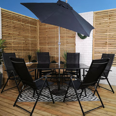 Outdoor 6 Person Rectangular Glass Top Garden Patio Dining Table Chairs With Black Parasol and Base Set