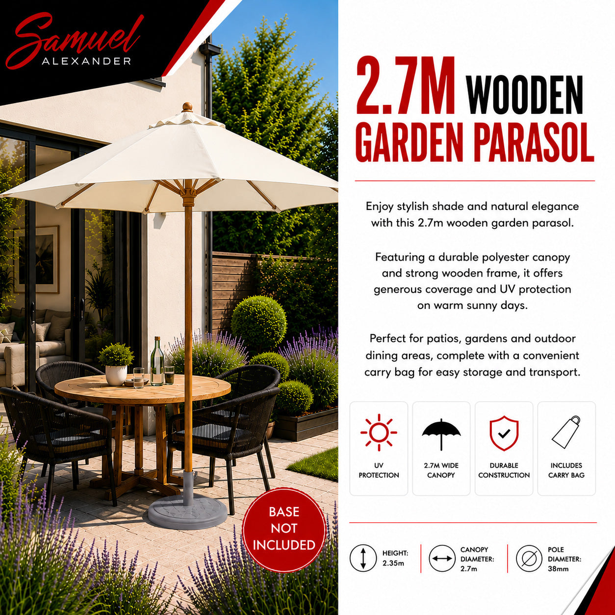 Samuel Alexander 2.7m Outdoor Wooden Garden Parasol Sun Shade with Carry Bag in Cream
