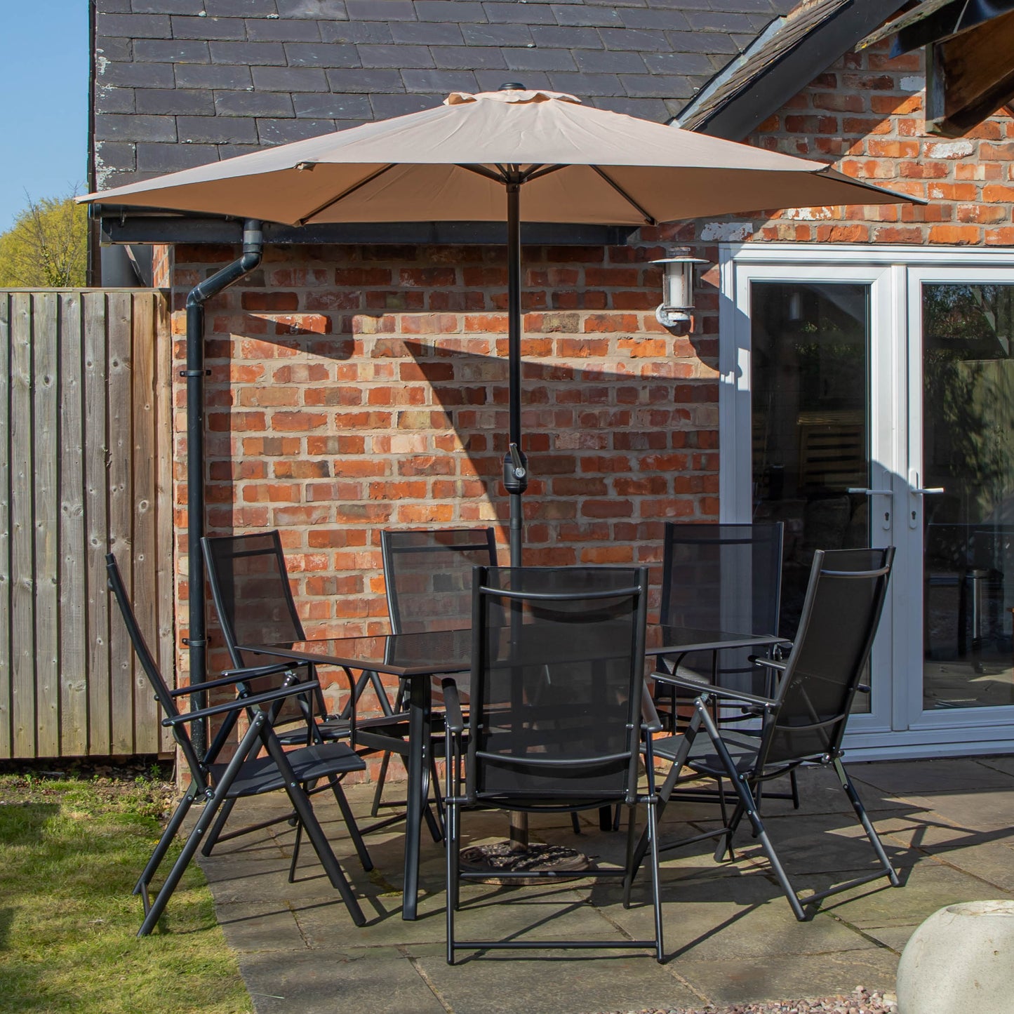 Outdoor 6 Person Rectangular Glass Top Garden Dining Table Chairs With Beige Parasol and Base Set