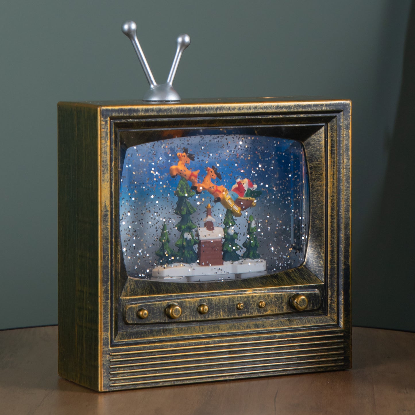 22cm Battery Operated Light up Antique Gold TV Christmas Water Spinner with Santa Scene & LEDs