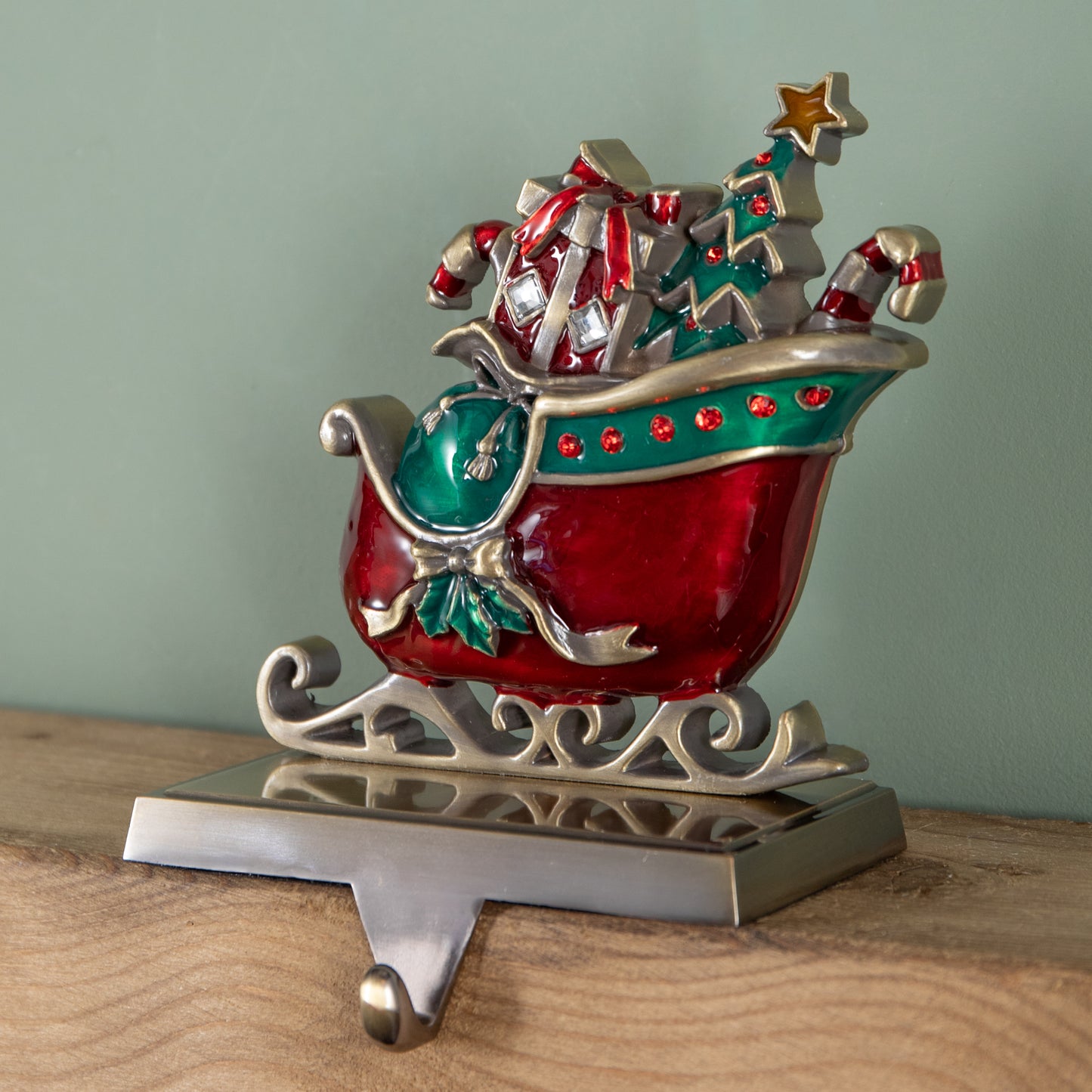 16cm Red and Green Santa Sleigh Christmas Stocking Holder with Hook