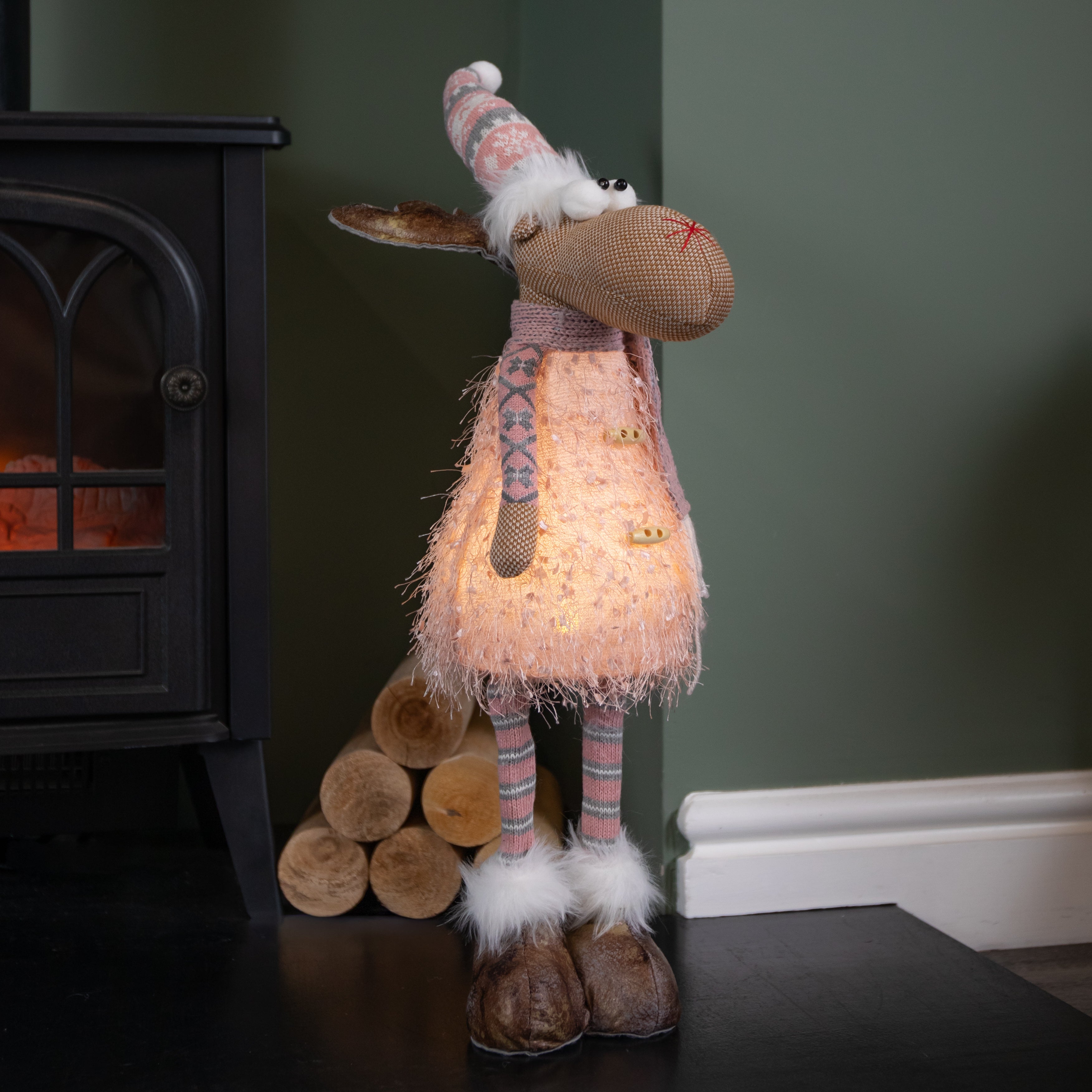 50cm Battery Operated Light up Standing Christmas Reindeer in Pink and Grey Hat with LEDs