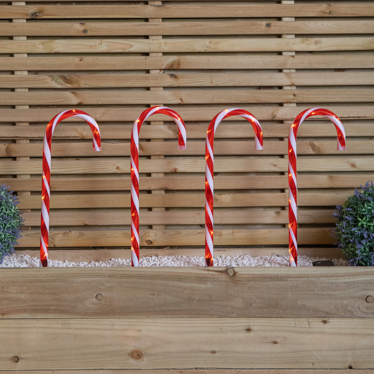 Set of 4 Large Light up Red & White Stripe Christmas Candy Cane Garden Stakes with LEDs