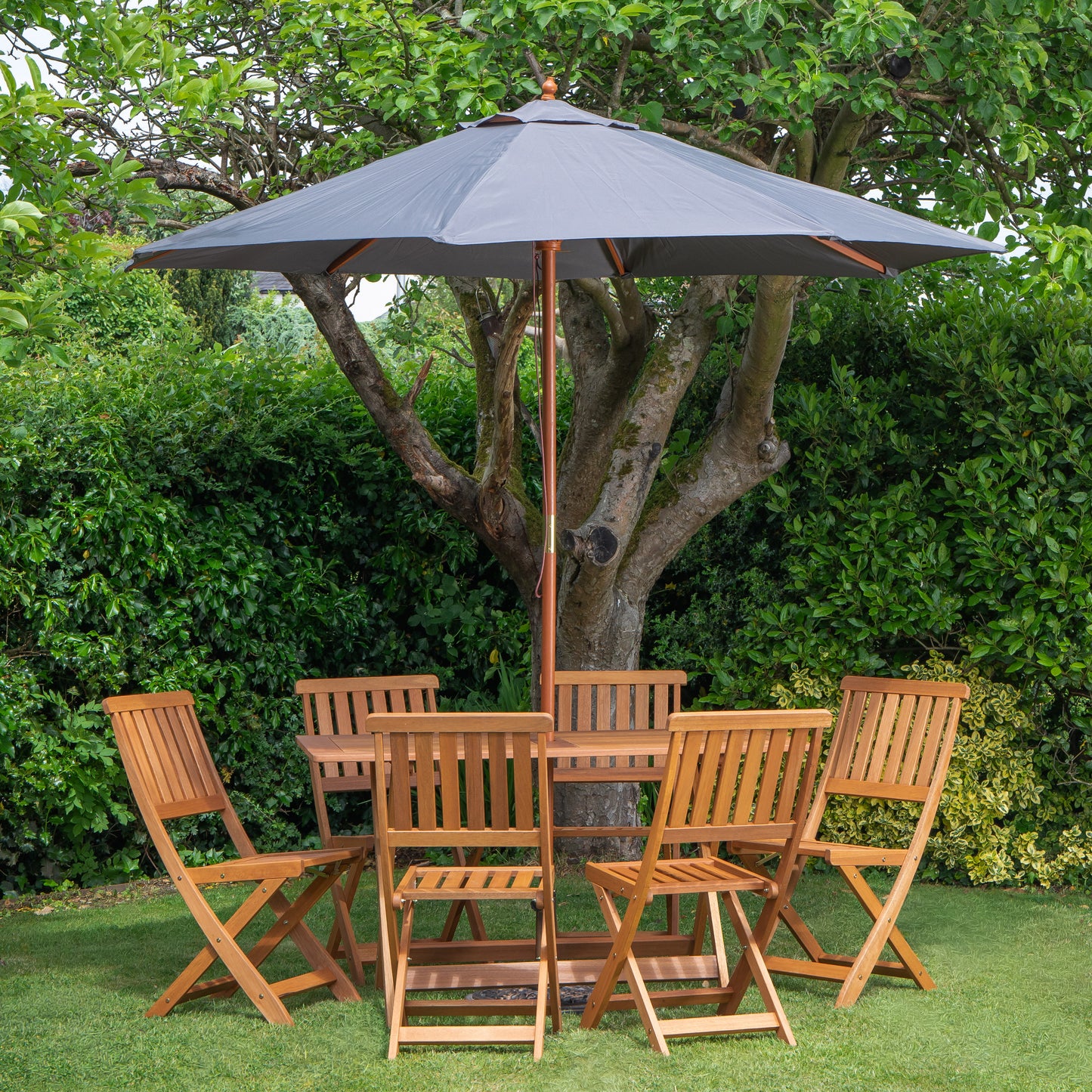 Outdoor 6 Person Folding Rectangular Wooden Garden Dining Table Chairs Grey Parasol and Base set