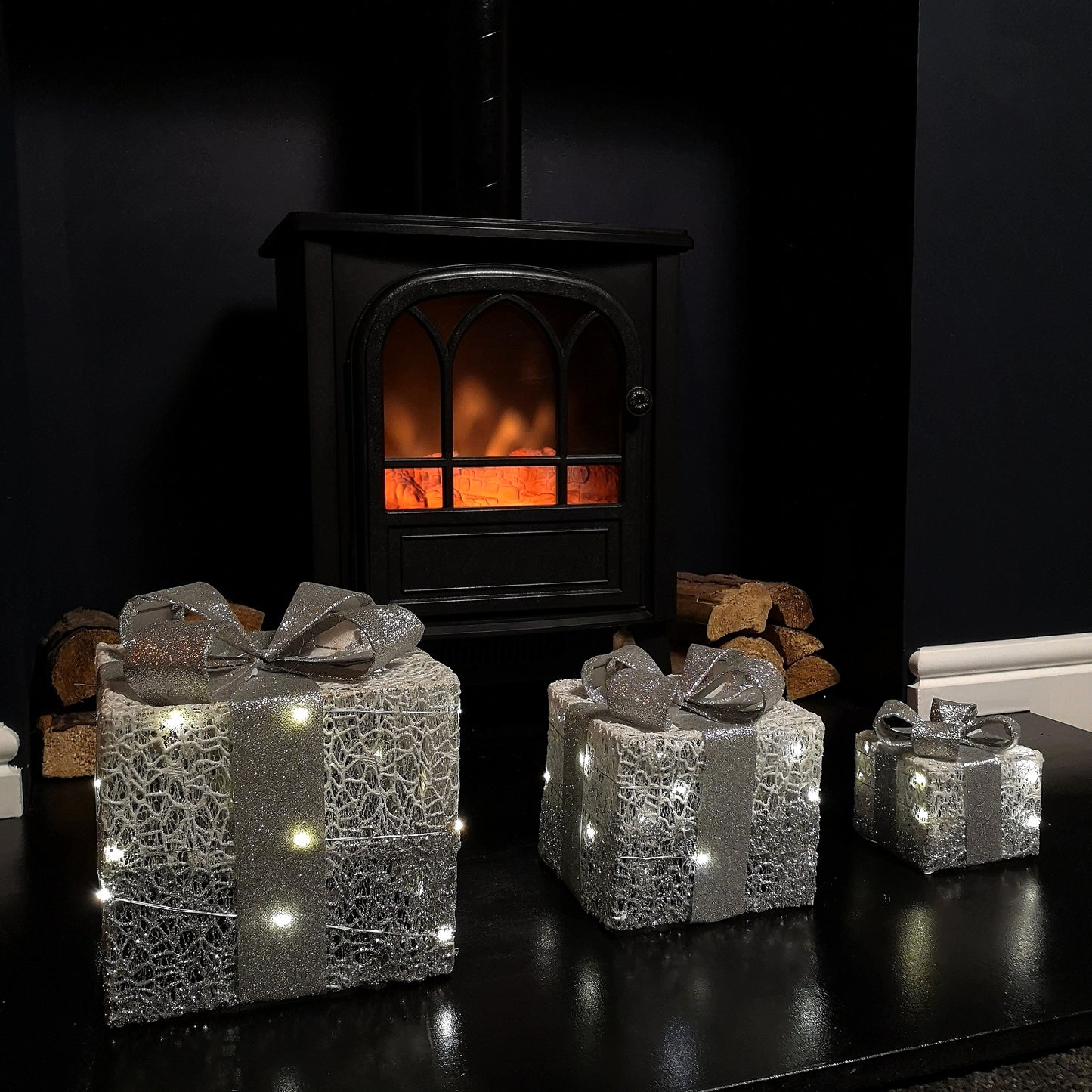 Set of 3 Battery Operated Silver Sparkly Christmas Gift Boxes with LEDs