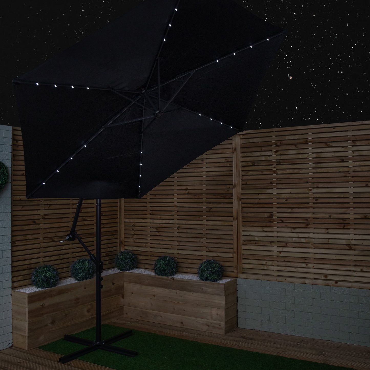 3m Solar Powered Lit Banana Cantilever Garden Parasol with LEDs & Base Weights Included in Black