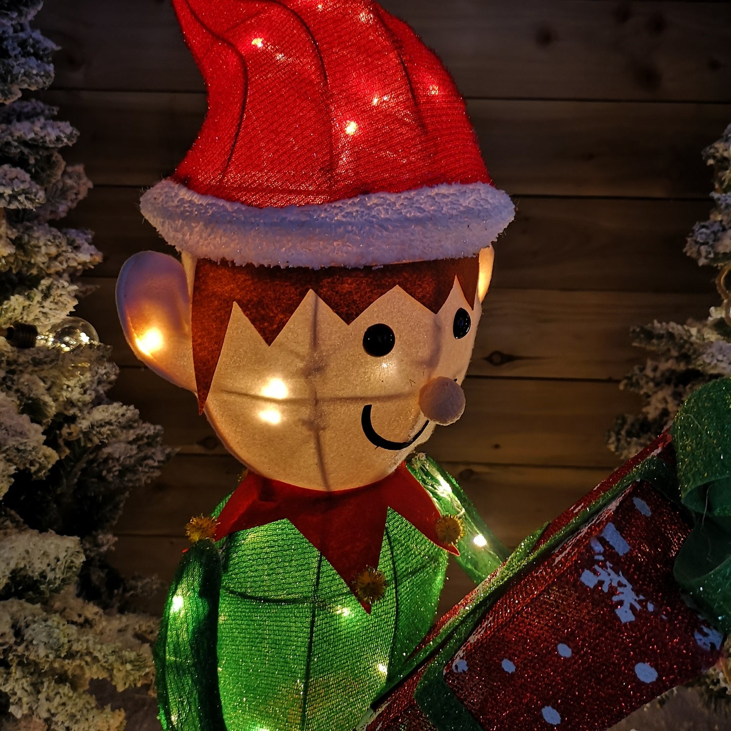 107cm Warm White LED Lit Elf Character with Present Christmas Decoration in Green and Red