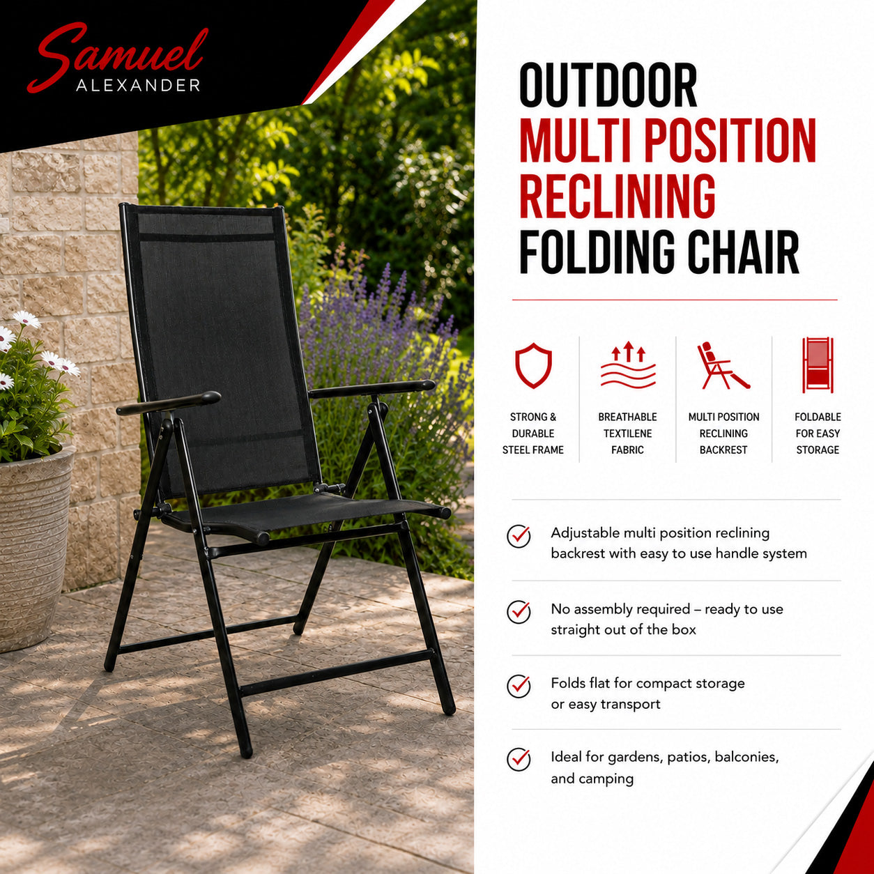 Outdoor Garden Patio Multi Position Reclining Folding Chair in Black